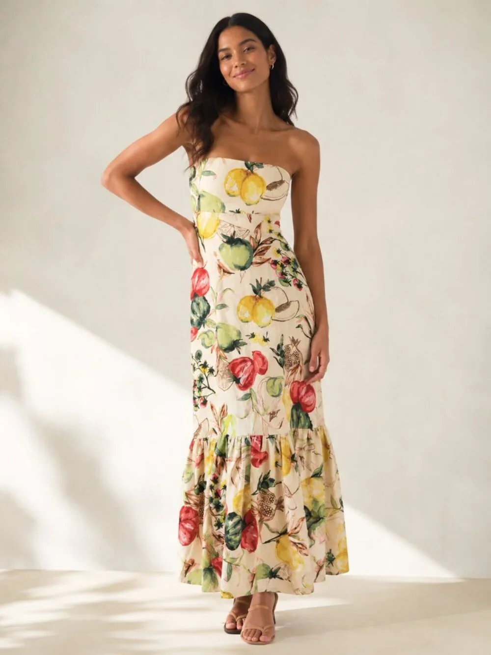 Abercrombie Premium Linen Strapless Babydoll Maxi Dress Veggie Print Medium